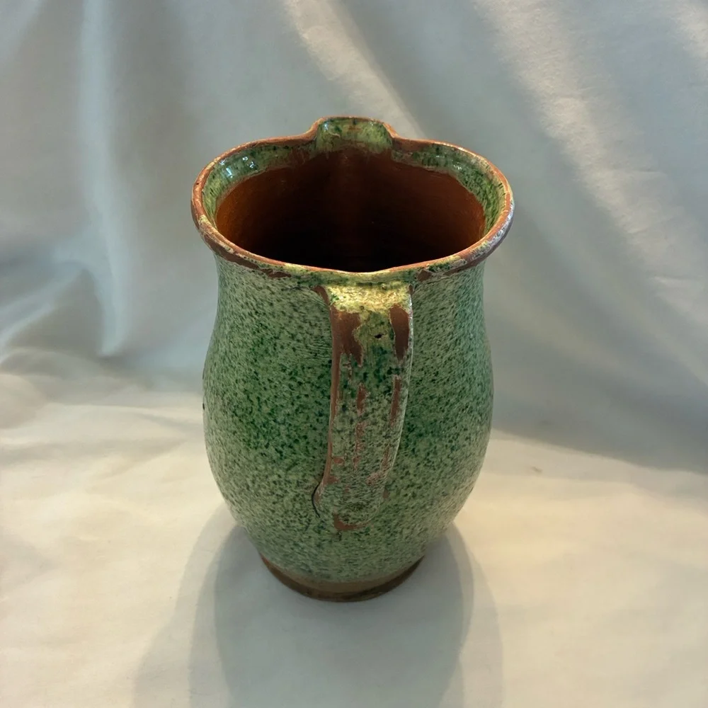 Italian ceramic pitcher rustic or folk art style, speckled green glaze Red Clay